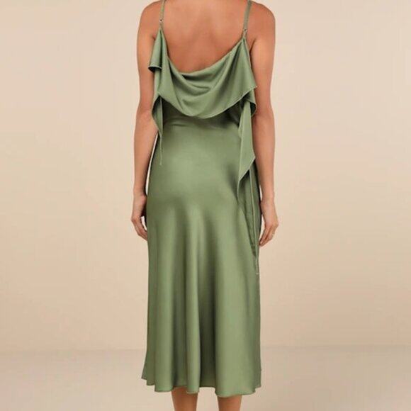 NWT TYLER MCGILLIVARY Thistle Green Multi Satin Cowl Neck Midi Dress M - Picture 2 of 4